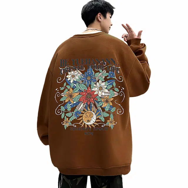 袋鼠 复古重磅国潮花卉字母设计高级百搭宽松圆领痞帅休闲长袖卫衣 男女同款