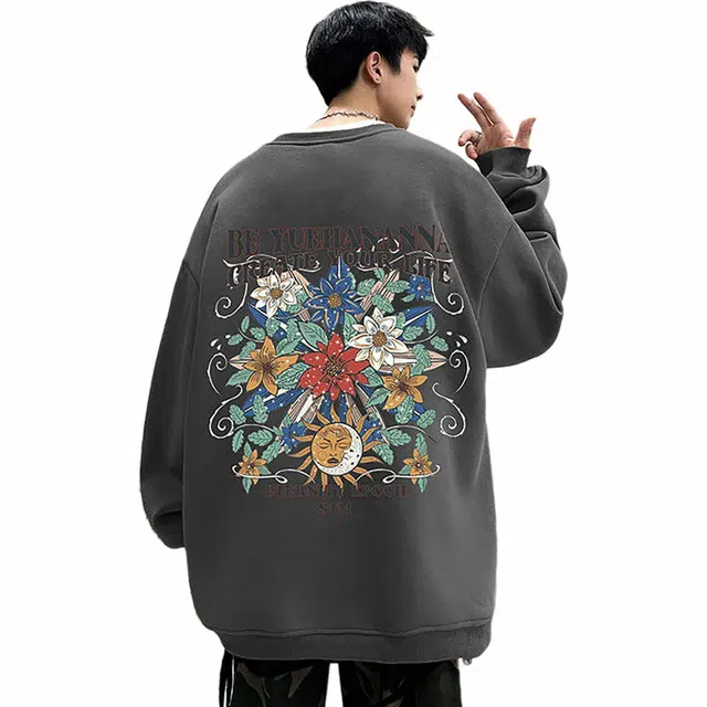 袋鼠 复古重磅国潮花卉字母设计高级百搭宽松圆领痞帅休闲长袖卫衣 男女同款