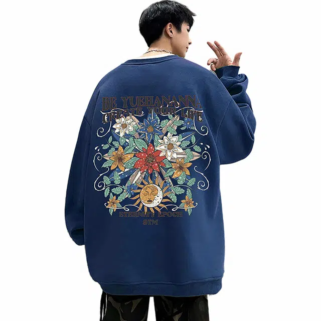 袋鼠 复古重磅国潮花卉字母设计高级百搭宽松圆领痞帅休闲长袖卫衣 男女同款
