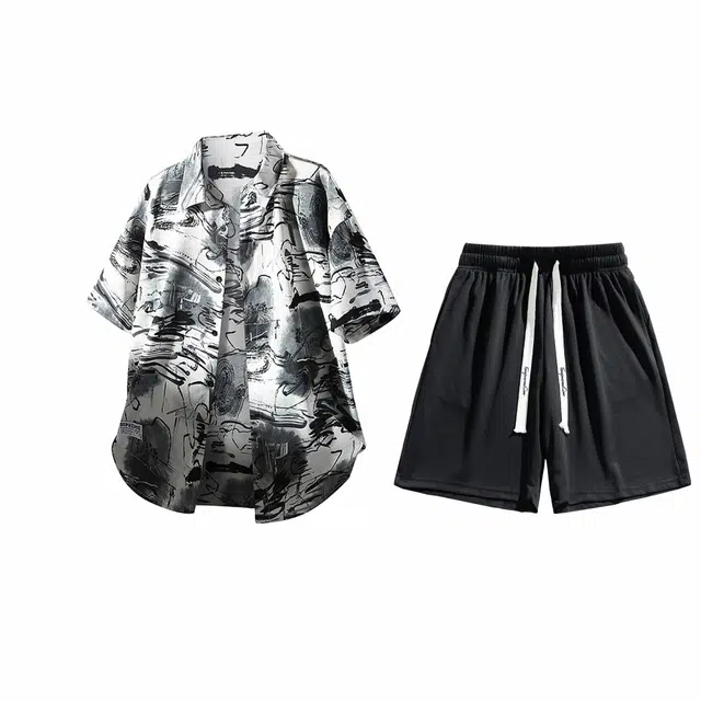 吾皇猫 日系复古潮流泼墨设计宽松百搭舒适亲肤一整套穿搭短袖衬衫套装 男女同款