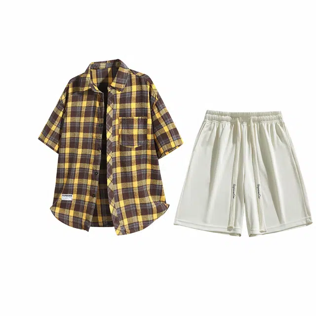 吾皇猫 复古潮流撞色格子设计宽松百搭直筒五分裤舒适亲肤一整套穿搭衬衫套装 男女同款