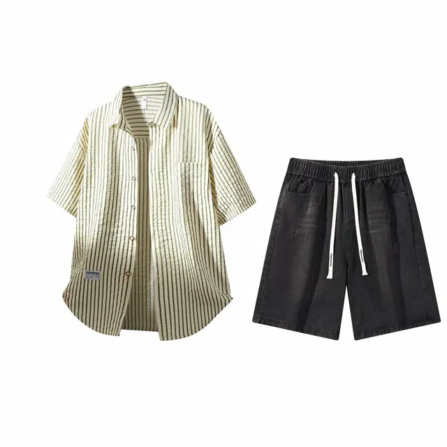 吾皇猫 日系高级感坚条纹设计宽松百搭上衣休闲舒适亲肤牛仔短裤短袖衬衫套装 男女同款