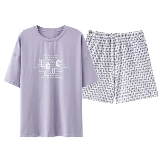 莫代尔 轻柔个性纯棉圆领舒适亲肤细腻无束缚时尚短袖三分裤睡衣套装 女款 紫色