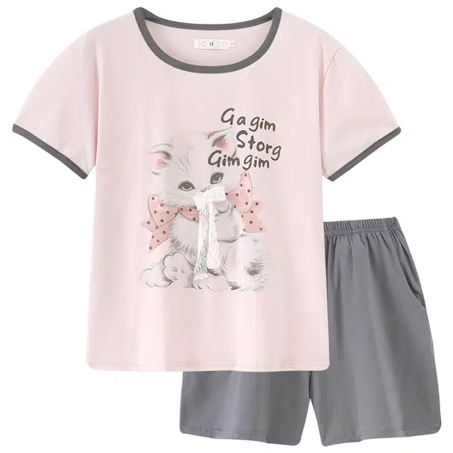 顶瓜瓜 甜美可爱卡通小猫短袖休闲睡衣套装 女款 图片色