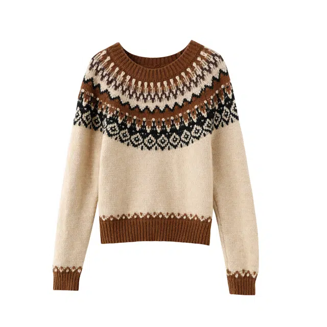 花栗鼠小姐 费尔岛小众复古设计感圆领舒适简约套头长袖针织衫 女款