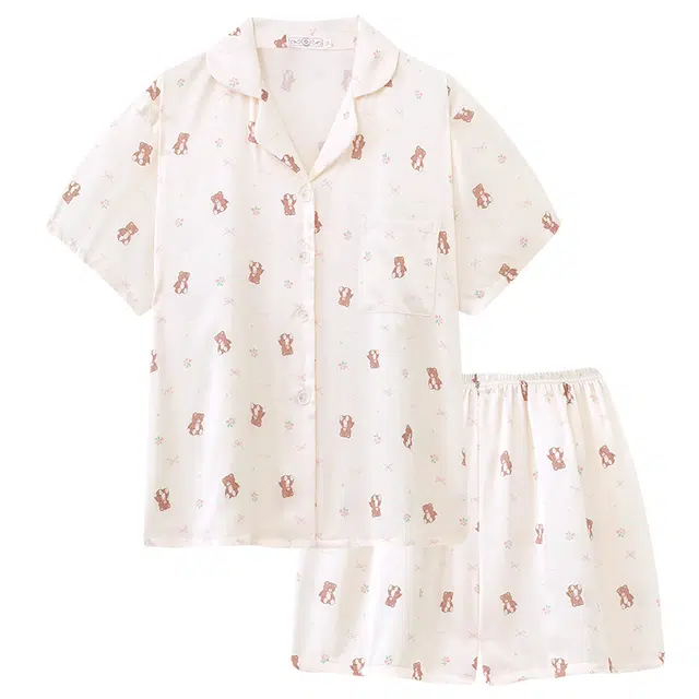 顶瓜瓜 卡通可爱小熊休闲短袖三分裤睡衣套装 女款 图片色