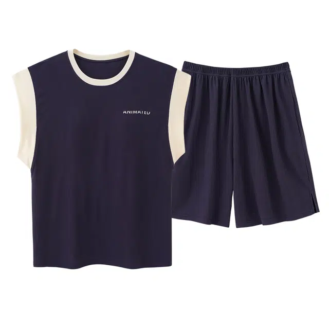 莫代尔 韩版舒适圆领慵懒个性大方柔软亲肤细腻带胸垫防凸点短袖短三分裤睡衣套装 女款 藏青色