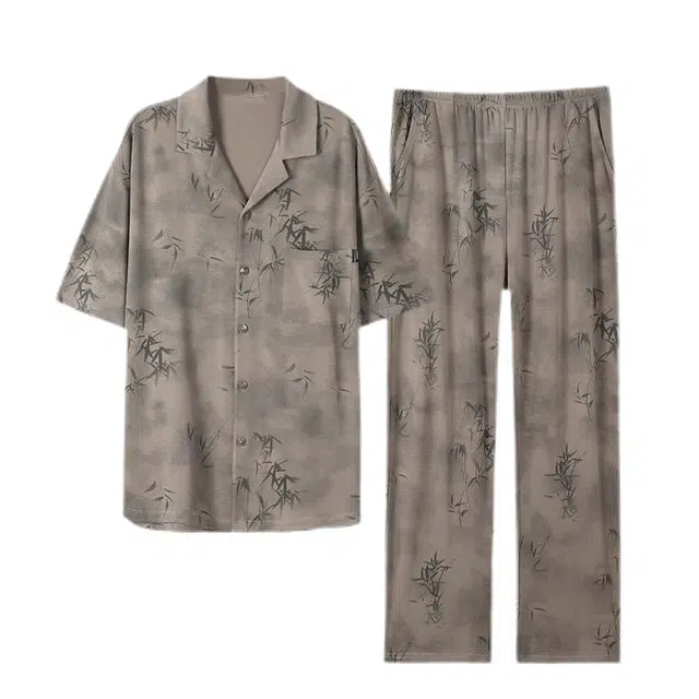 潞优野 植物满印翻领上衣薄款透气长裤睡衣套装 男款