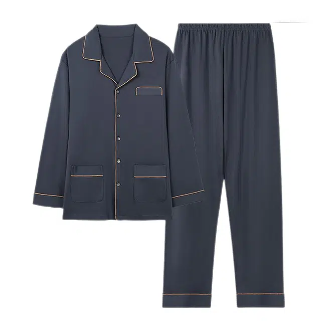 潞优野 舒适透气翻领长袖长裤大码睡衣套装 男款