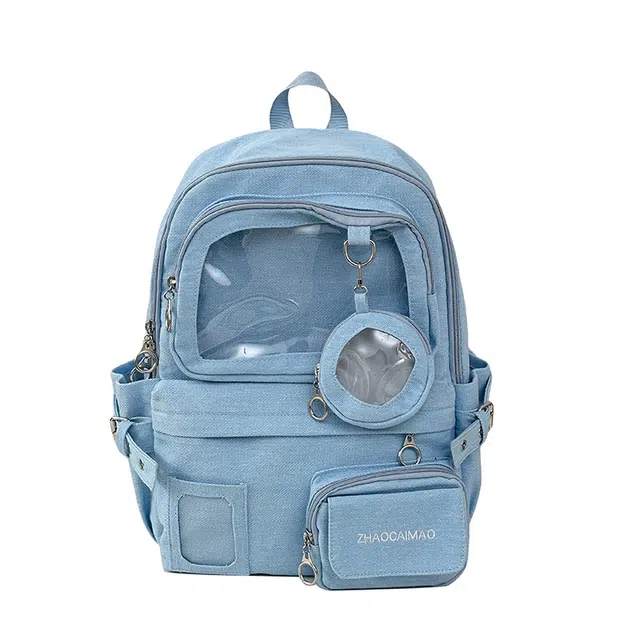 單倉 日系可爱设计初高中学生大容量书包通勤百搭背包 牛仔布 痛包背包双肩包 女款 蓝色/深蓝色/黑色