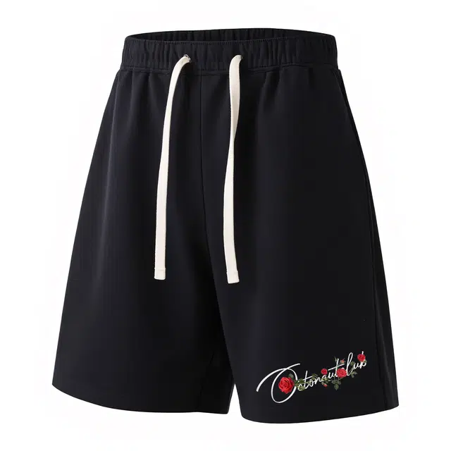 海底小纵队 美式高街复古风穿搭玫瑰手绘字母印花夏季薄款垂感系带中腰直筒宽松时尚百搭通勤运动吸汗纯色户外基础休闲短裤 男女同款