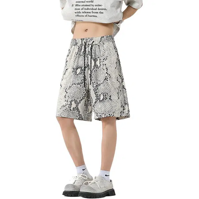 佐菲利 美式高街小众高级感宽松直筒五分抽绳迷彩休闲短裤 男女同款 蛇纹白