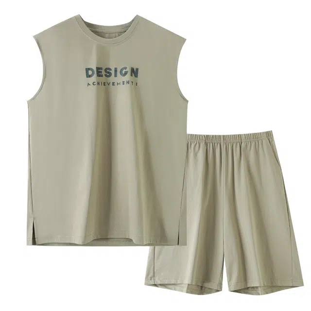潞优野 无袖背心短裤大码凉感睡衣套装 男款 草绿色