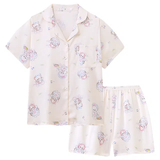 顶瓜瓜 可爱卡通小狗蝴蝶结休闲短袖三分裤夏季睡衣套装 女款 图片色