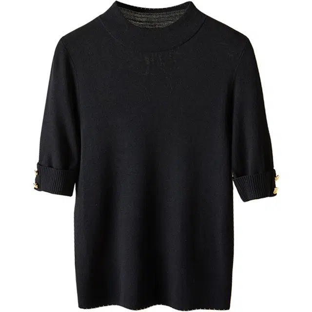 她池 修身针织衫简约半高领短袖显瘦打底上衣 女款