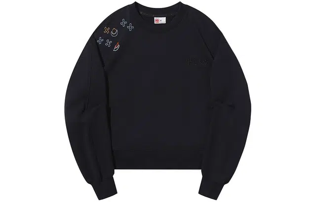 中国李宁 刺绣印花圆领套头卫衣 女款 黑色