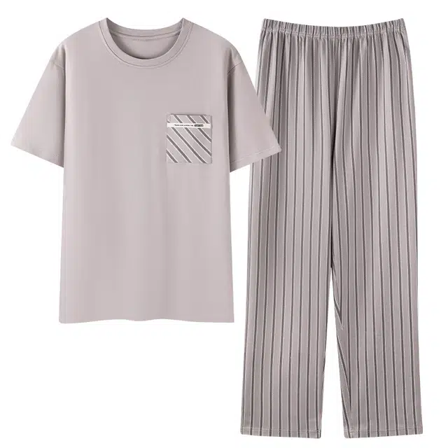 顶瓜瓜 短袖长裤简约条纹家居服可外穿睡衣套装 男款 图片色