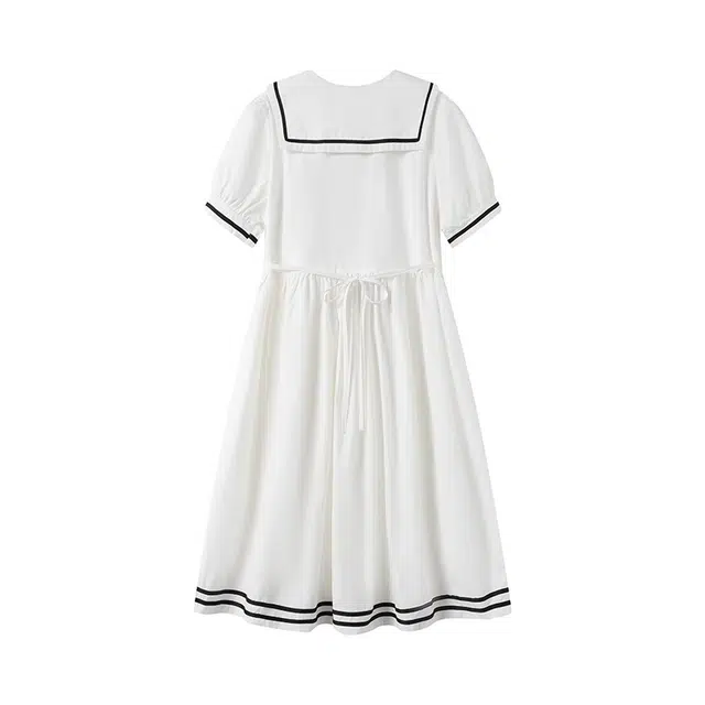 古莲菲 学院风水手服夏季海军领收腰长款显瘦短袖连衣裙 女款