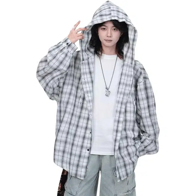 黑马漫画 扎染格子薄款速干防晒连帽长袖衬衫 男女同款