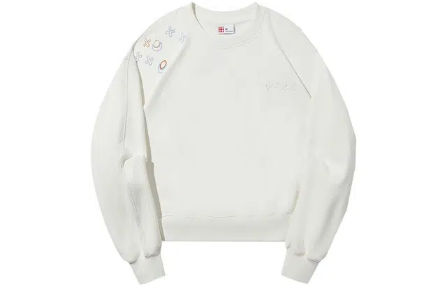 中国李宁 刺绣印花圆领套头卫衣 女款 乳白色