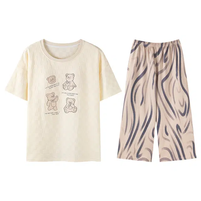 向薇 舒适透气短袖七分裤薄款家居服睡衣套装 女款 图片色