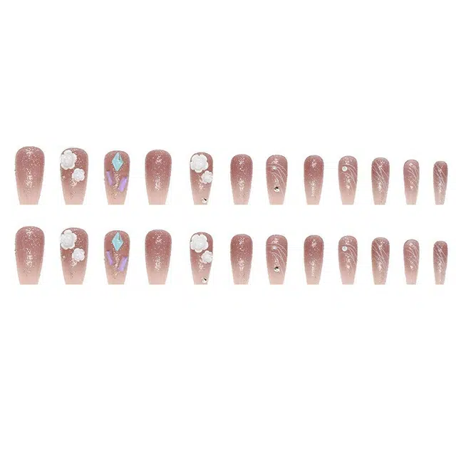 馨枕居 立体奶白色山茶花  穿戴甲 中长款紫色纯色 亮片 极光方钻闪亮碎片