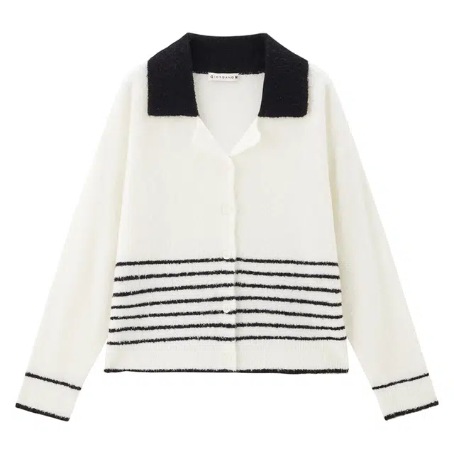 佐丹奴 条纹翻领通勤简约针织衫 女款 黑白