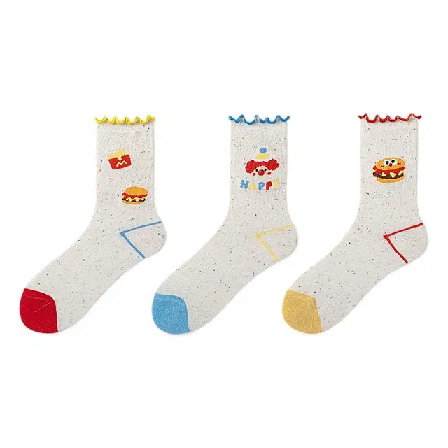 恒源祥 点子纱汉堡木耳边罗口可爱元素中筒袜 女款 组合装