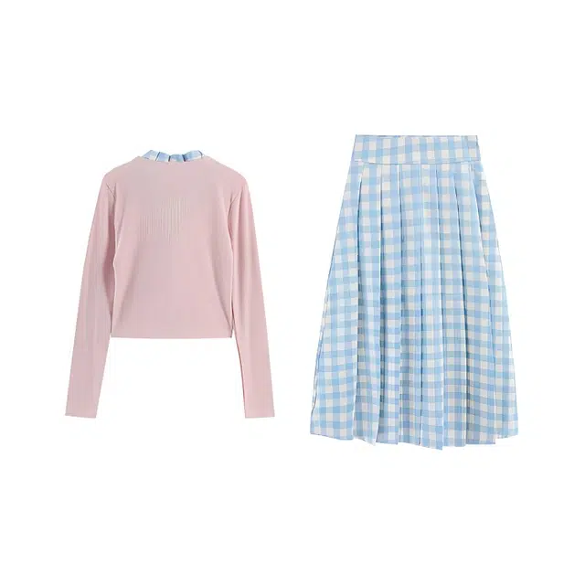 小菊川栗 学院风时尚休闲法式长袖上衣半身裙裙装套装 女款