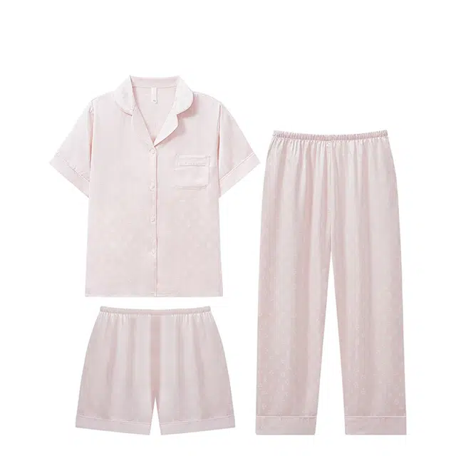 俏韵 翻领短袖开衫舒适休闲凉爽家居服可外穿春秋季睡衣套装 女款 浅粉色