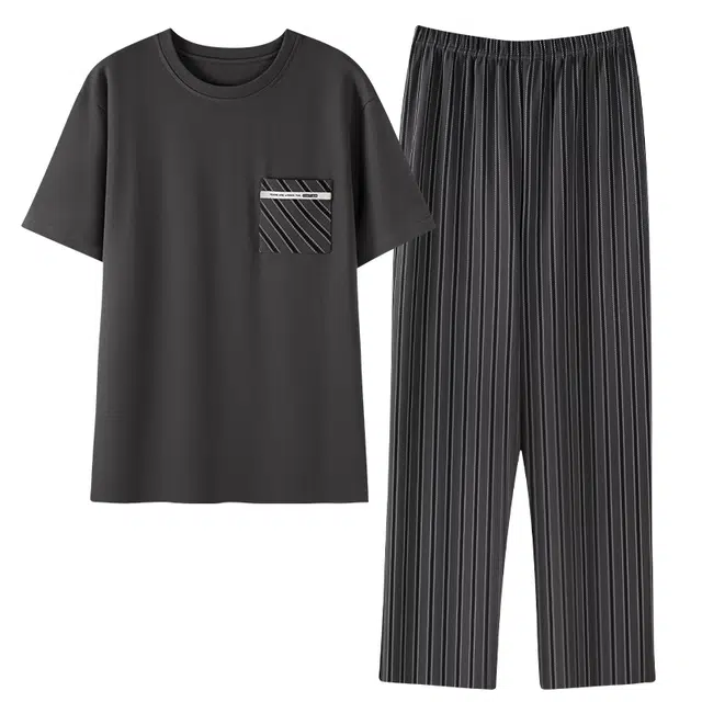 顶瓜瓜 短袖长裤休闲简约纯色家居服可外穿睡衣套装 男款 图片色