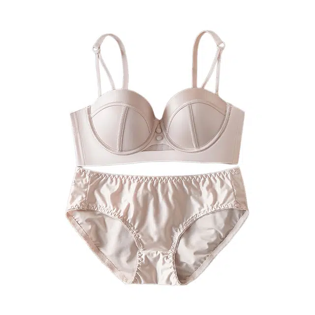芬腾 小胸显大聚拢轻奢缎面法式半杯文胸无钢圈上托防滑无肩带蹦迪打底内衣裤套装 女款