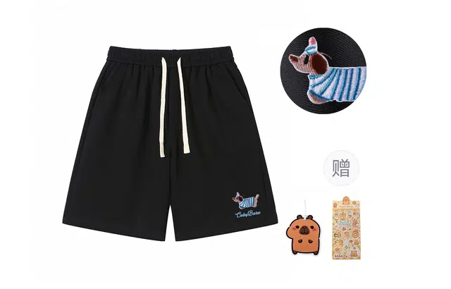 卡皮巴拉小黄豚 美式复古趣味腊肠狗字母刺绣重磅百搭潮流宽松五分裤篮球运动休闲短裤 男女同款