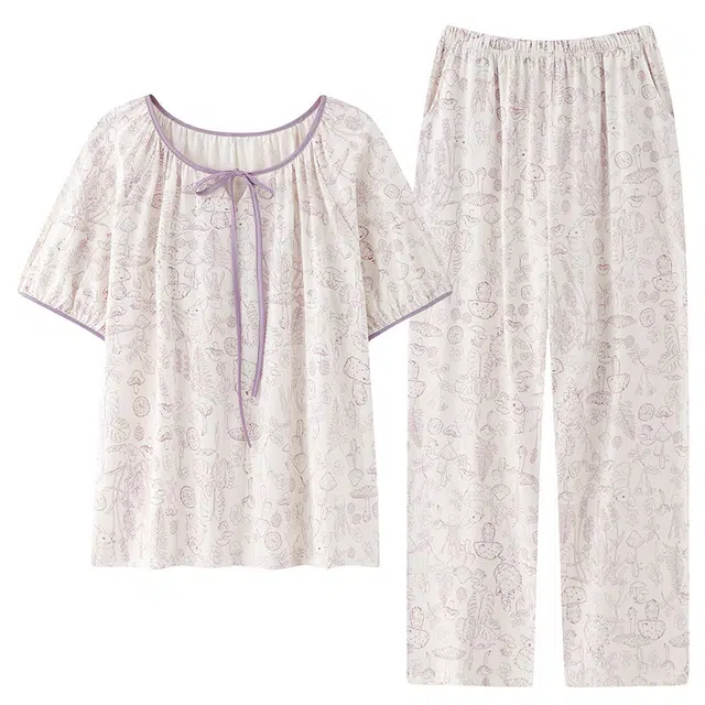 花蔓色 柔软舒适亲肤短袖长裤时尚家居服睡衣套装 女款 紫色