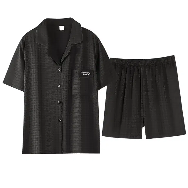 潞优野 翻领休闲舒适短袖五分裤睡衣套装 男款 黑色