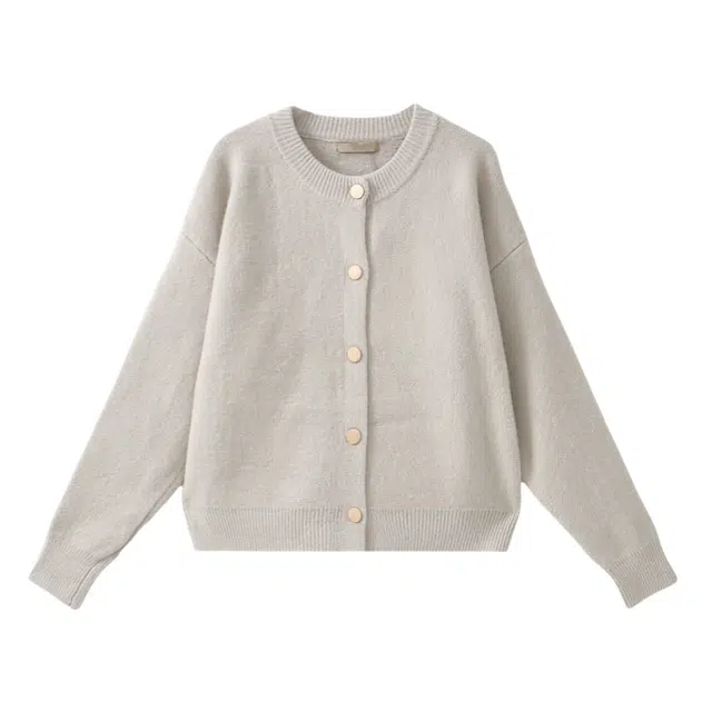 柏黛妃 纯色圆领加厚短款单排扣开衫长袖针织衫 女款 灰色