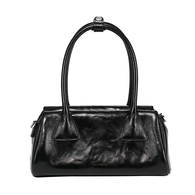 西木汀 可颂包 高级感通勤百搭休闲小个子腋下包 头层牛皮 法棍手提包 中号 女款 深邃黑/珍珠白