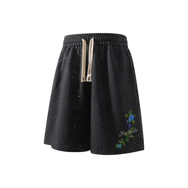 金贝勒 户外运动百搭美式高街中腰宽松系带字母花卉图案休闲短裤 男女同款 黑色