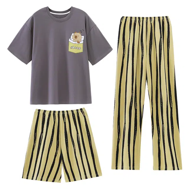 向薇 薄款休闲三件套可外穿居家服睡衣套装 女款 图片色