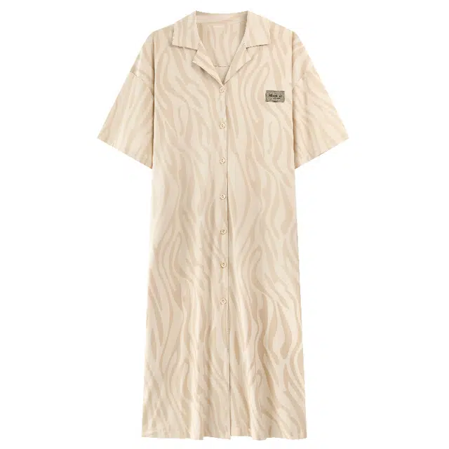 顶瓜瓜 短袖抗菌纯棉翻领不规则条纹休闲家居服睡裙 女款 图片色