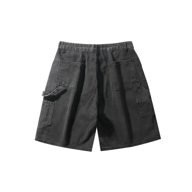 中国航天 破洞美式复古水洗做旧铆钉休闲工装大口袋牛仔短裤 男女同款