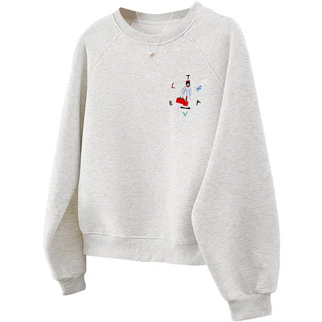 她池 套头慵懒休闲圆领插肩袖宽松遮肉卫衣 女款 浅花灰