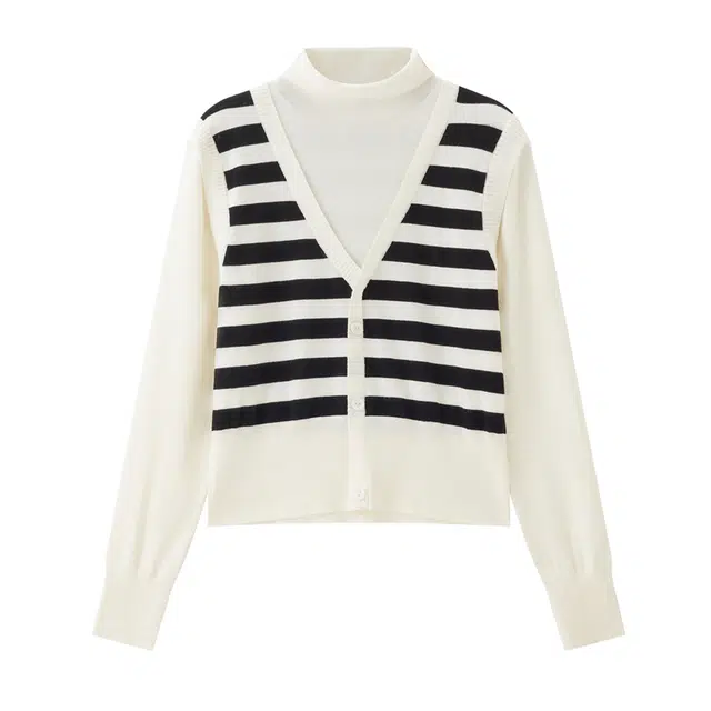 佐丹奴 假两件高领套头休闲时尚长袖针织衫 女款 米白/黑条纹