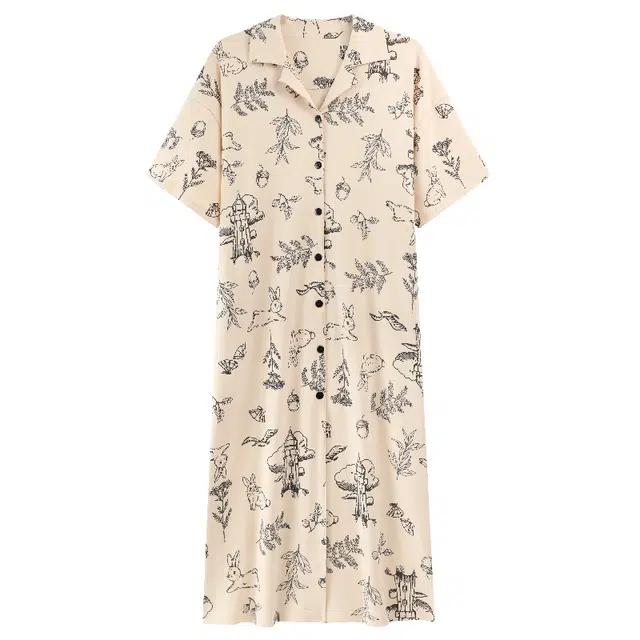 顶瓜瓜 短袖抗菌纯棉翻领兔子树叶印花休闲家居服睡裙 女款 图片色