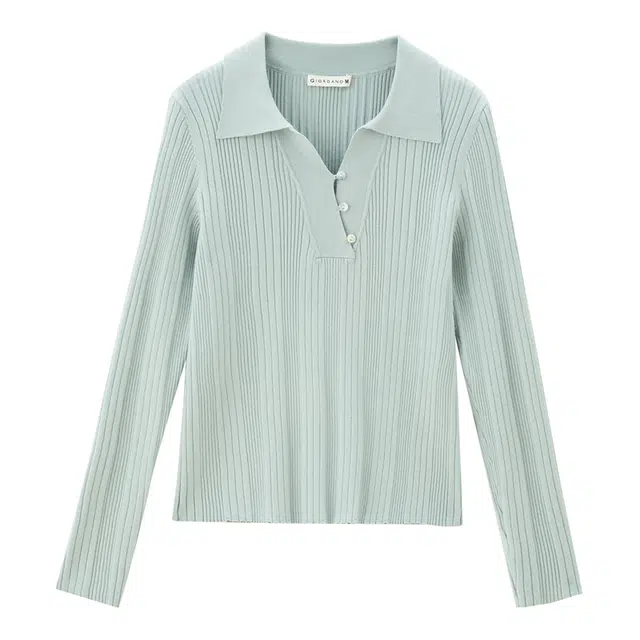 佐丹奴 贝壳纽扣翻领竖条纹毛织套头针织衫 女款 水绿