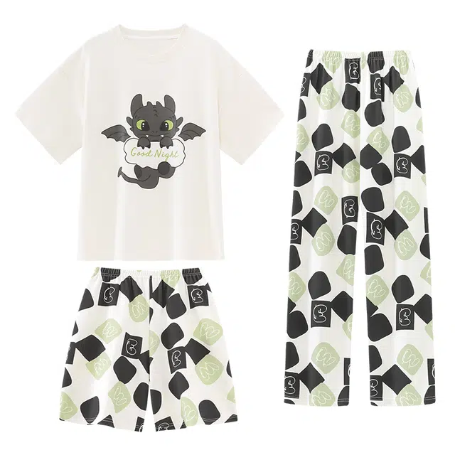 向薇 时尚三件套短袖休闲薄款可外穿居家服睡衣套装 女款 图片色