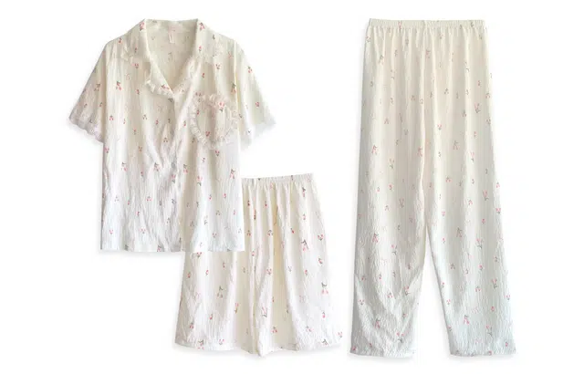 夏芬妍 甜美柔软舒适郁金香蕾丝花边云朵棉翻领家居服亲肤休闲短袖三件套时尚可外穿睡衣套装 女款 杏色