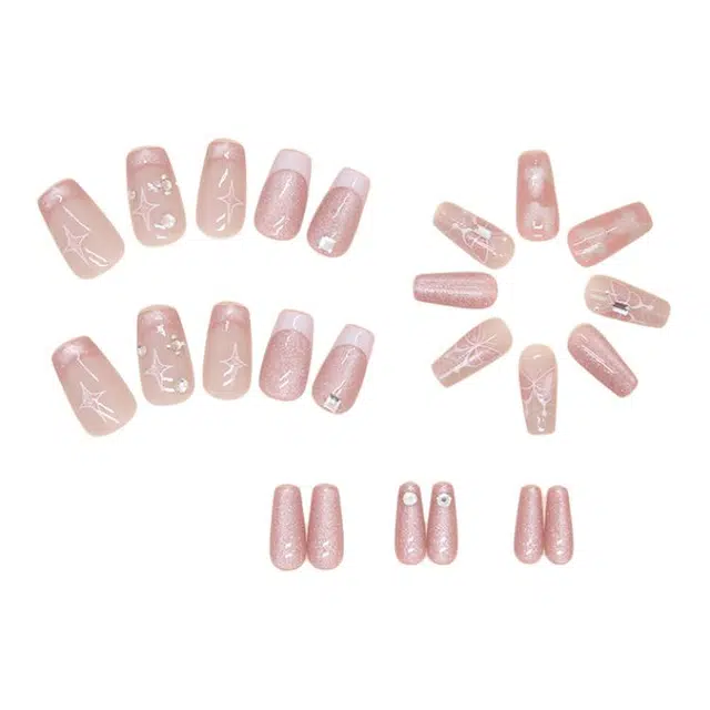 馨枕居 法式追光猫眼星星可爱清新蝴蝶  穿戴甲 中梯藕色晕染