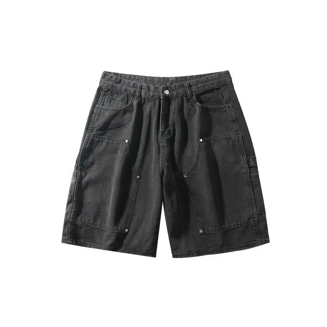 中国航天 破洞美式复古水洗做旧铆钉休闲工装大口袋牛仔短裤 男女同款