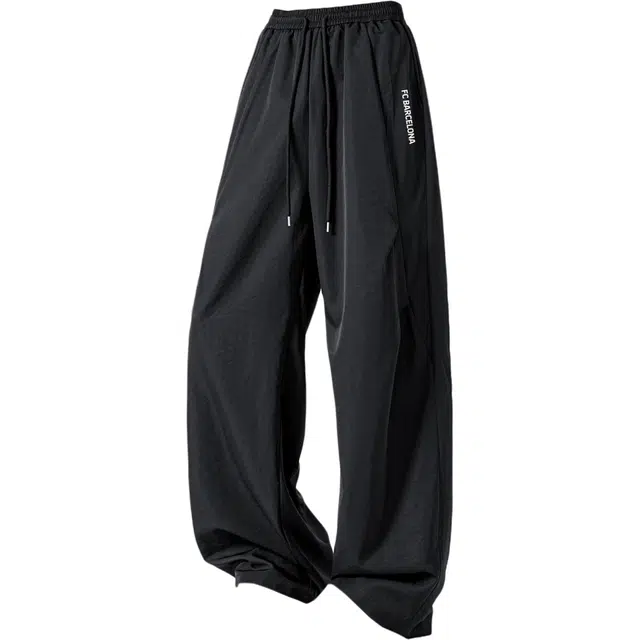 巴塞罗那足球俱乐部 潮牌美式高街学院风日常通勤褶皱感纯色设计简约宽松百搭直筒系带休闲裤 男女同款